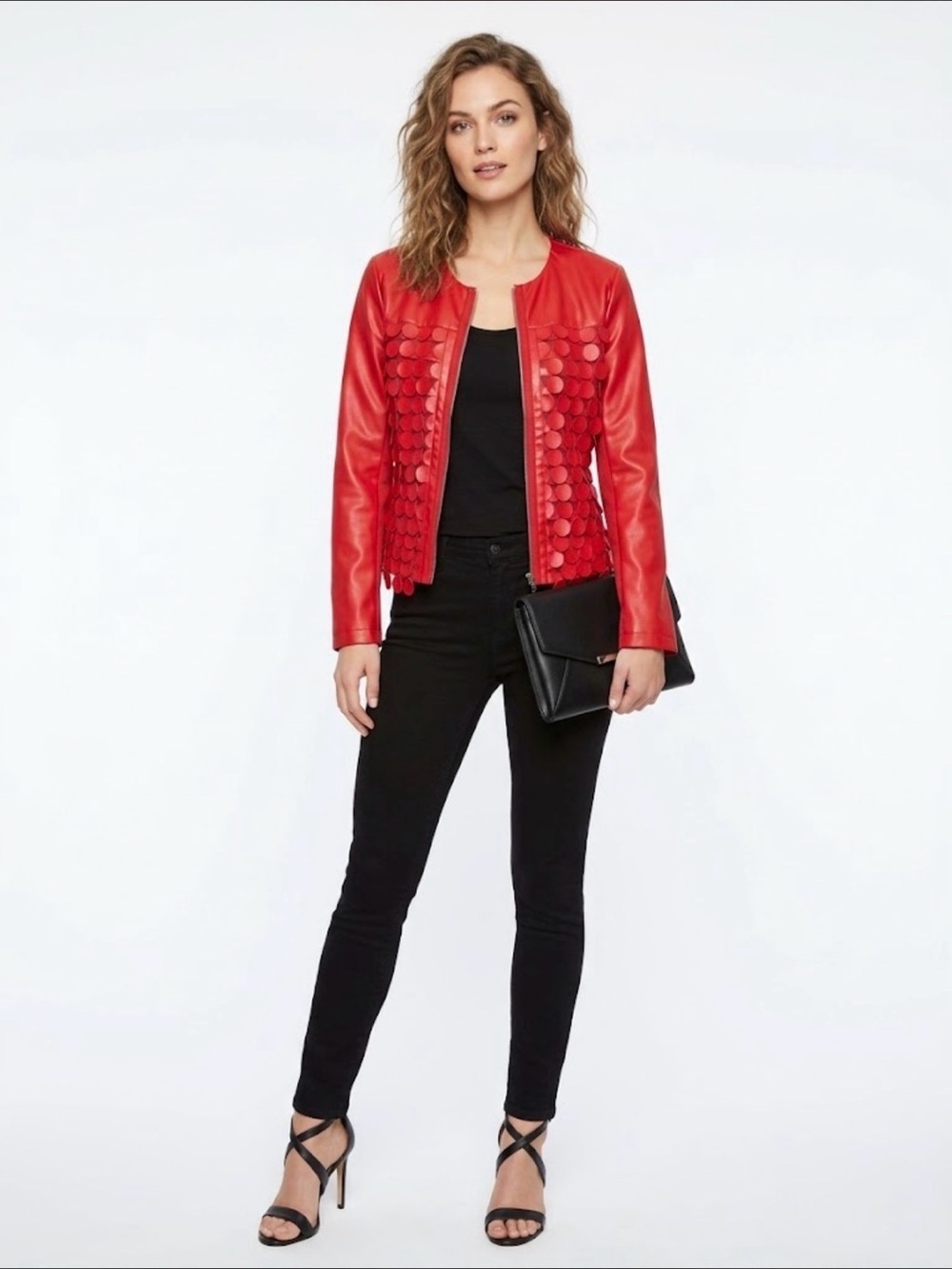 Linea Domani Red Faux Leather Jacket Size 4 | Textured Disc Detail Zip-Up